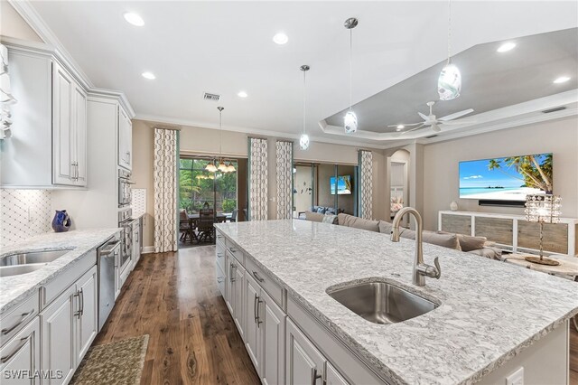 kitchen with stainless steel appliances, a sink, white cabinets, a tray ceiling, and an island with sink