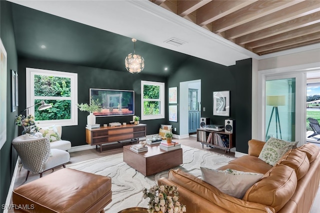 living room featuring lofted ceiling with beams