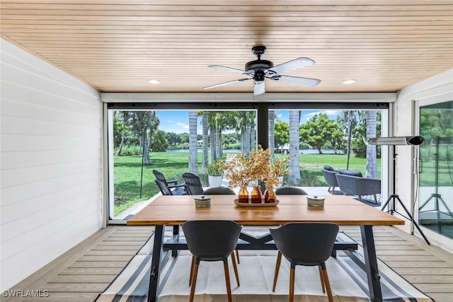 sunroom / solarium with ceiling fan and wood ceiling