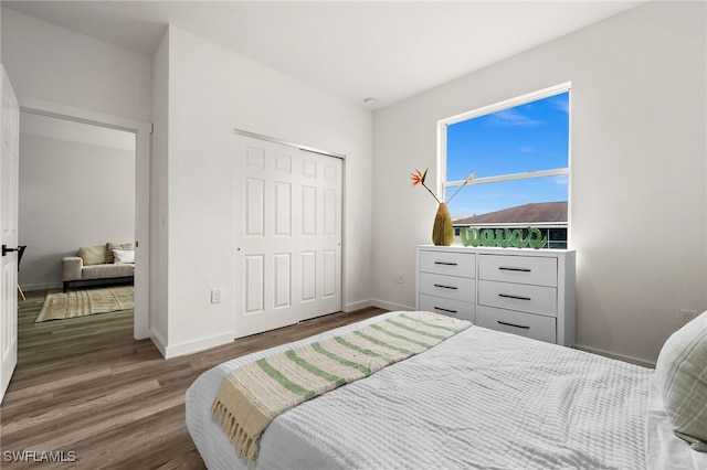 bedroom featuring hardwood / wood-style floors and a closet