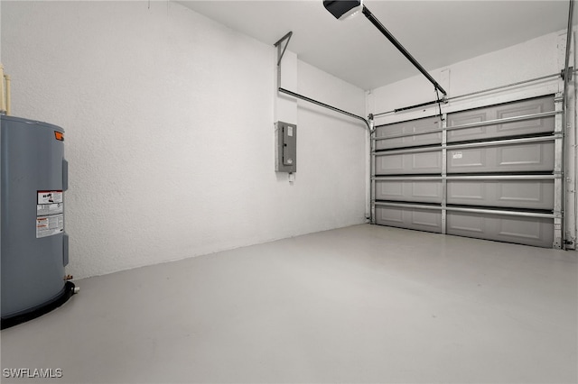 garage with electric panel, a garage door opener, and water heater