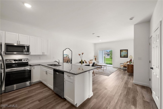 kitchen featuring hardwood / wood-style floors, stainless steel appliances, kitchen peninsula, sink, and light stone counters