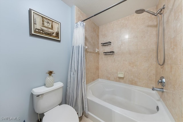 bathroom featuring toilet and shower / tub combo with curtain