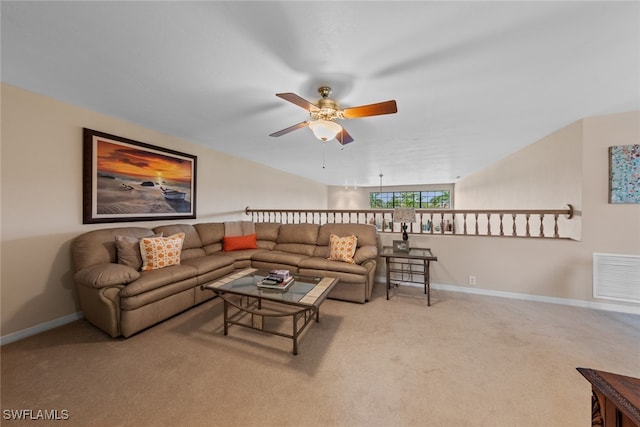 living room with light colored carpet and ceiling fan