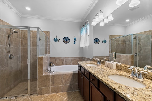 bathroom featuring vanity, independent shower and bath, and crown molding