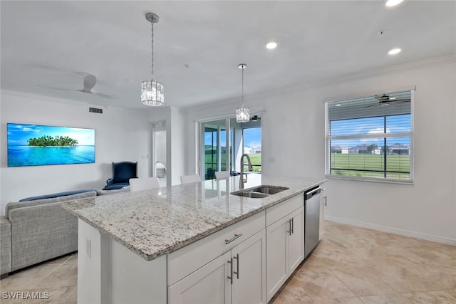 kitchen with dishwasher, white cabinets, a center island with sink, sink, and hanging light fixtures