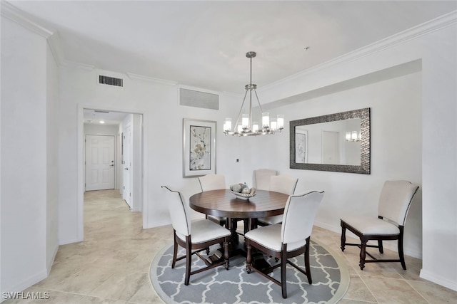 dining space featuring light tile patterned floors, a notable chandelier, and ornamental molding