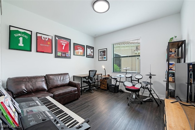 living room featuring dark wood-type flooring