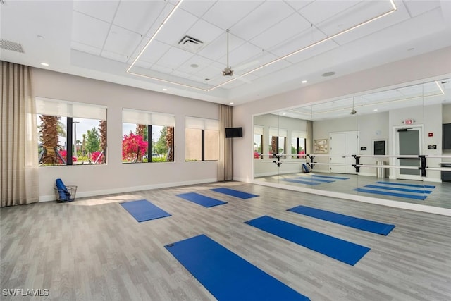 exercise room with hardwood / wood-style flooring and a raised ceiling