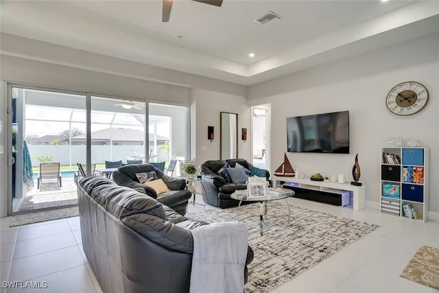 living room featuring light tile patterned floors