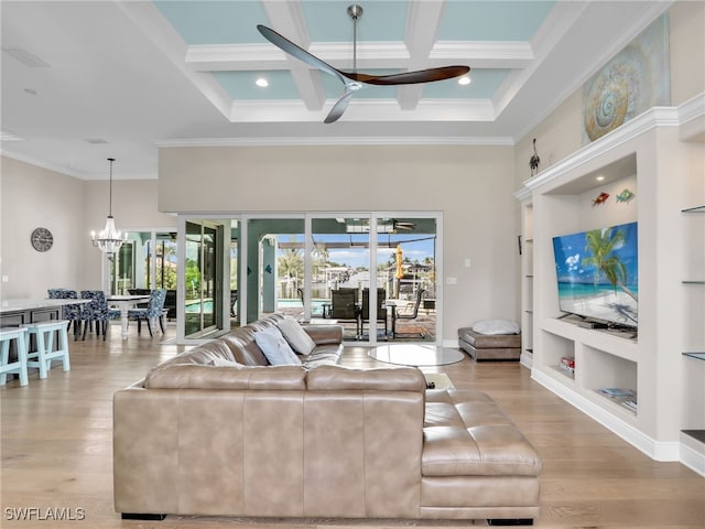 living room featuring coffered ceiling, ceiling fan with notable chandelier, beam ceiling, and built in features