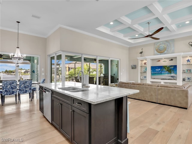 kitchen featuring dishwasher, sink, beam ceiling, light stone countertops, and coffered ceiling