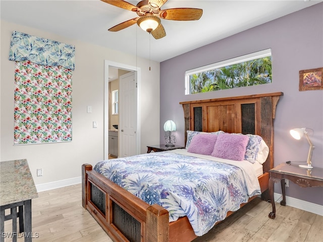 bedroom featuring ceiling fan and light hardwood / wood-style flooring