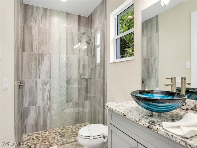 bathroom with a tile shower, toilet, and vanity