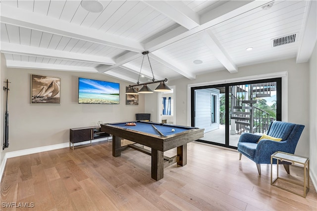 playroom with vaulted ceiling with beams, wood-type flooring, and billiards