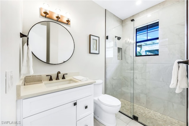 bathroom with tile patterned flooring, vanity, toilet, and an enclosed shower