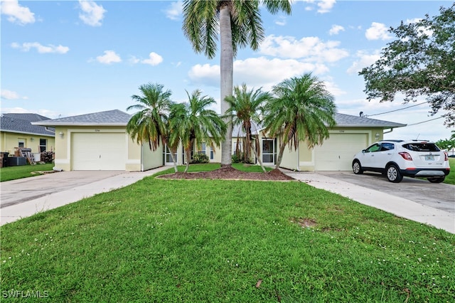 ranch-style home with a garage and a front yard