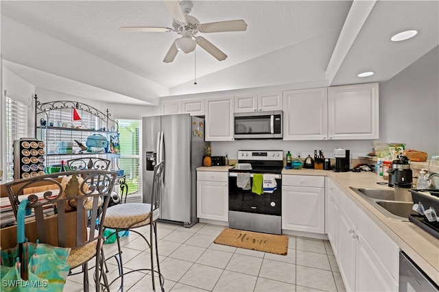 kitchen with appliances with stainless steel finishes, lofted ceiling, a healthy amount of sunlight, and ceiling fan