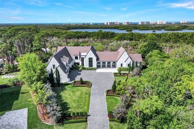 bird's eye view with a water view