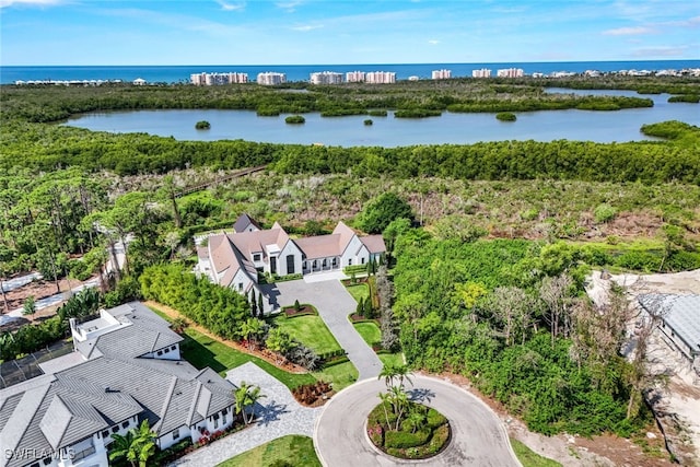 aerial view featuring a water view