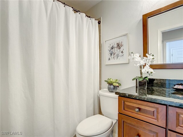 bathroom featuring a shower with curtain, toilet, and vanity