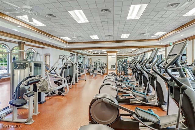 workout area featuring crown molding, ceiling fan, and a raised ceiling