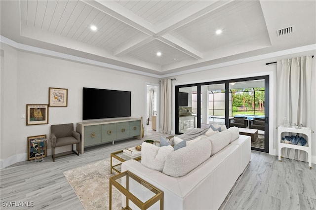 living room featuring beamed ceiling, french doors, light hardwood / wood-style flooring, and coffered ceiling