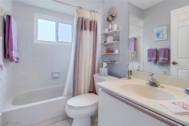 full bathroom featuring vanity, toilet, tile patterned floors, and shower / bathtub combination with curtain