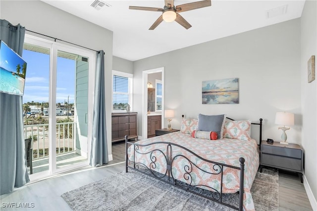 bedroom with visible vents, baseboards, ceiling fan, light wood-style flooring, and access to outside