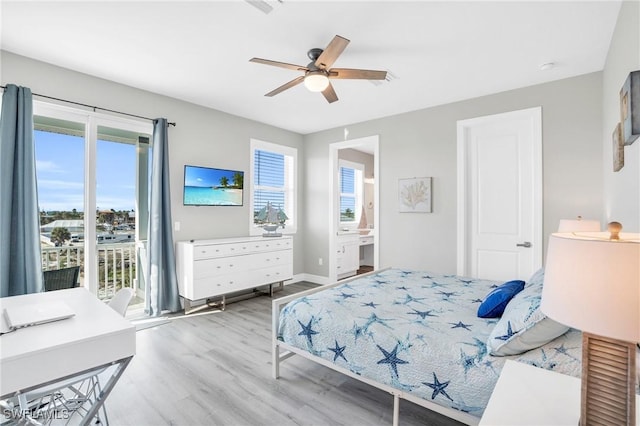 bedroom featuring light wood-type flooring, access to outside, and a ceiling fan