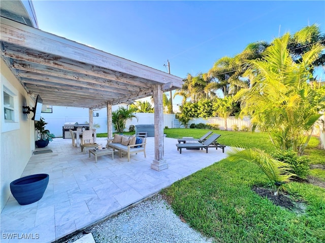 view of patio with an outdoor living space and a pergola