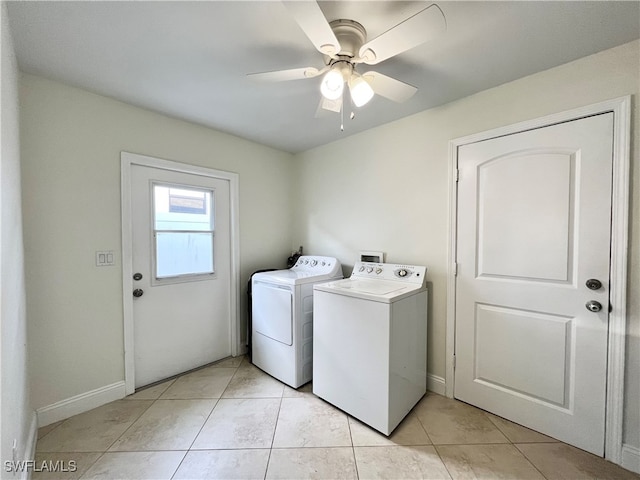 laundry area with separate washer and dryer, light tile patterned floors, and ceiling fan