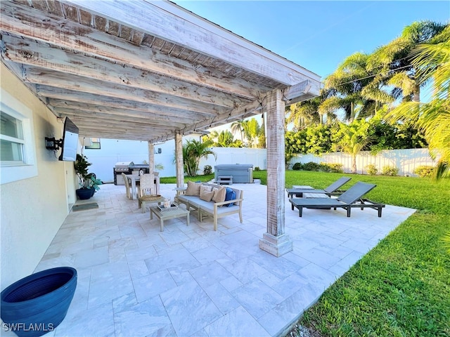 view of patio with an outdoor living space, a pergola, and area for grilling