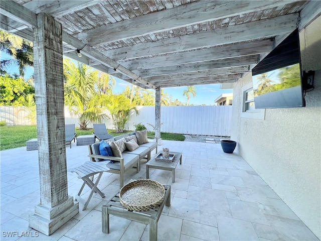 view of patio featuring an outdoor living space and a pergola