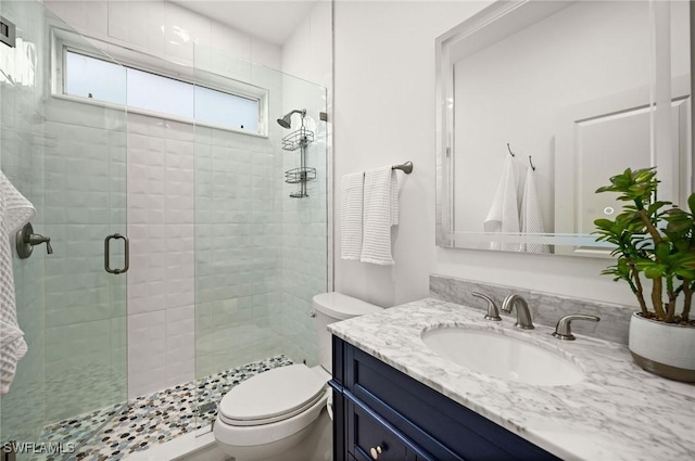 bathroom with toilet, a stall shower, and vanity