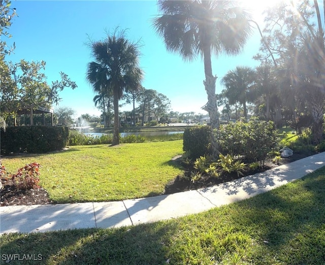 view of property's community featuring a water view and a lawn