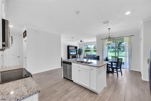 kitchen featuring light hardwood / wood-style flooring, ceiling fan with notable chandelier, stainless steel appliances, white cabinetry, and sink