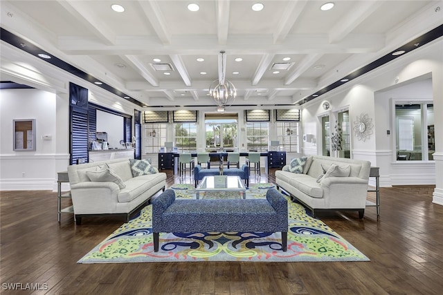 living room featuring dark wood-type flooring, coffered ceiling, and beam ceiling