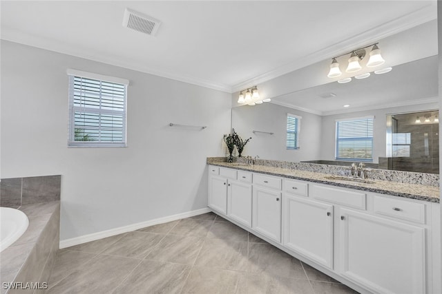 bathroom featuring tile patterned floors, shower with separate bathtub, crown molding, and vanity