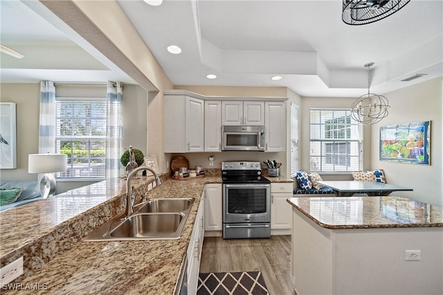 kitchen featuring white cabinets, light hardwood / wood-style flooring, stainless steel appliances, sink, and a raised ceiling