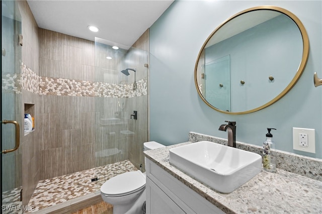 bathroom with a shower with door, vanity, and toilet