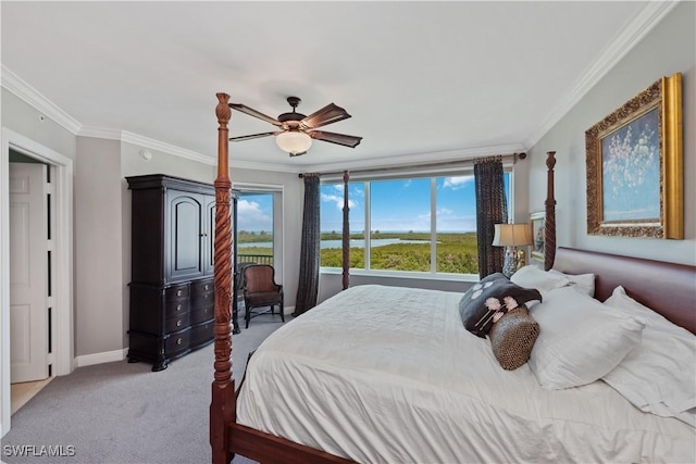 bedroom featuring access to exterior, crown molding, light colored carpet, a ceiling fan, and baseboards