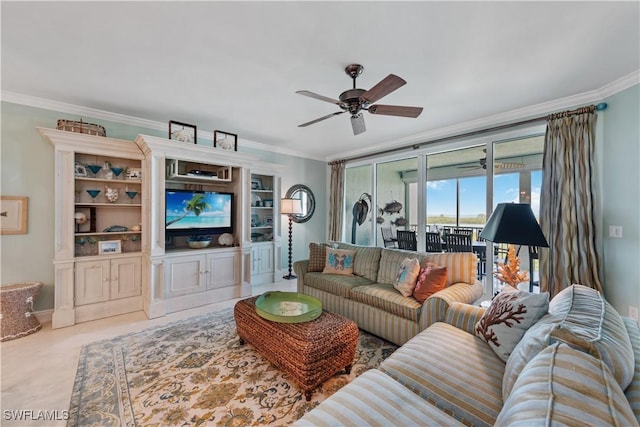 living area featuring ornamental molding, light colored carpet, and ceiling fan