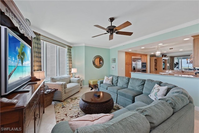 living area featuring ceiling fan, recessed lighting, baseboards, and crown molding