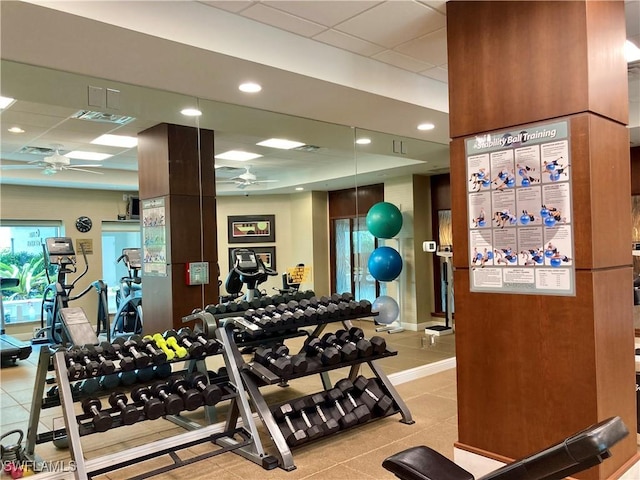 gym featuring a ceiling fan, a paneled ceiling, visible vents, and recessed lighting