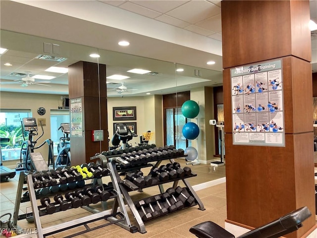 275 Indies Way Unit 805, Naples, FL 34110 - exercise room featuring ceiling fan and a drop ceiling