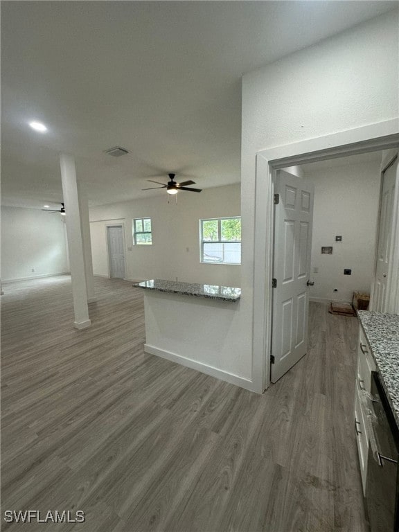 unfurnished living room with hardwood / wood-style flooring and ceiling fan