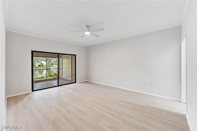 spare room with ceiling fan, light hardwood / wood-style flooring, crown molding, and a textured ceiling