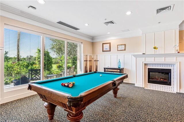 game room with carpet flooring, a fireplace, crown molding, and pool table