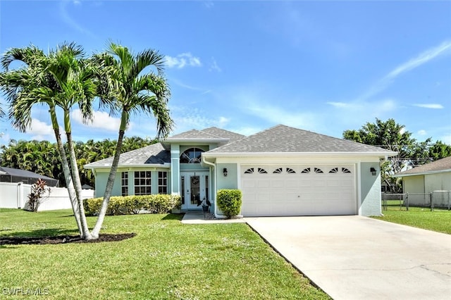 ranch-style home featuring a garage and a front lawn